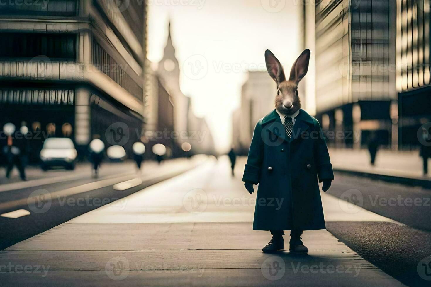 a rabbit wearing a coat and tie standing in the middle of a city street. AI-Generated photo