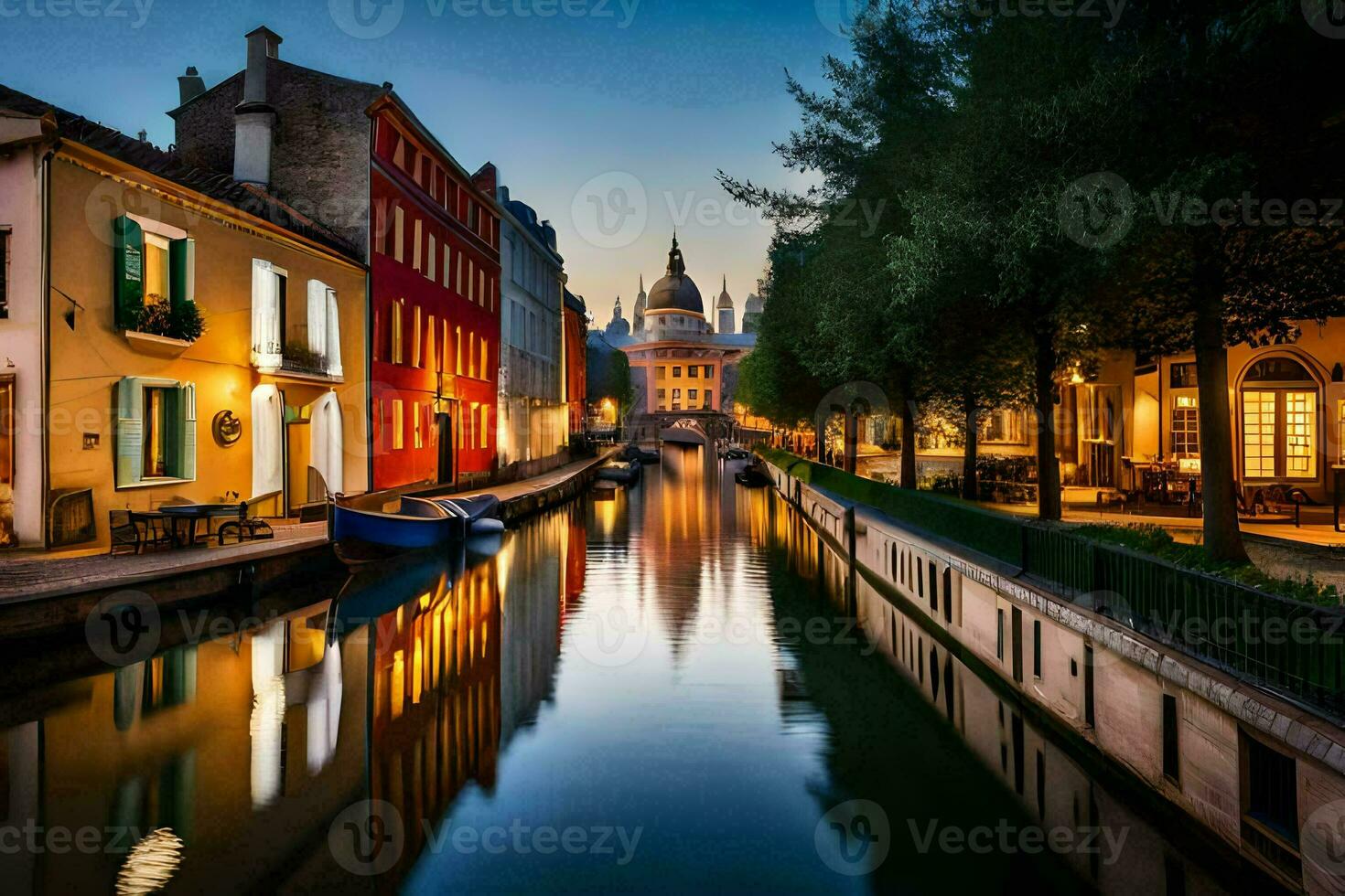 un canal en el ciudad a oscuridad con edificios y barcos generado por ai foto