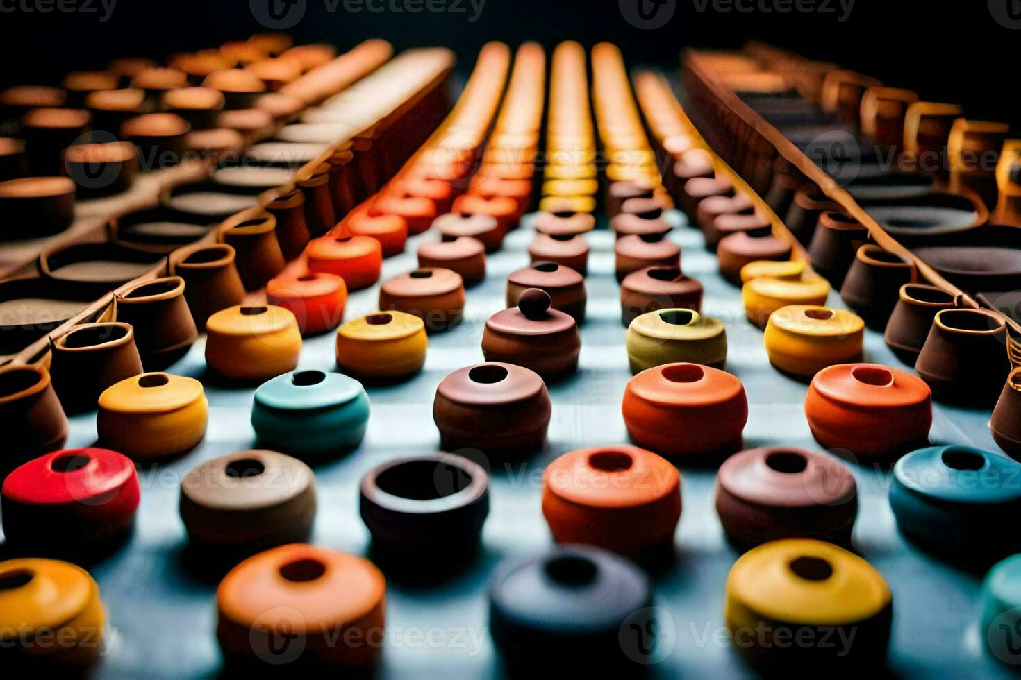 colorful pots are arranged in rows on a table. AI-Generated photo