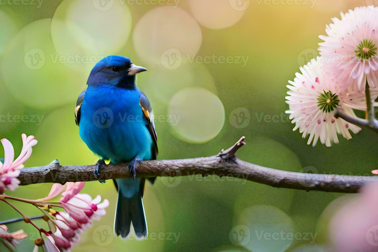 a blue bird sits on a branch with pink flowers. AI-Generated photo