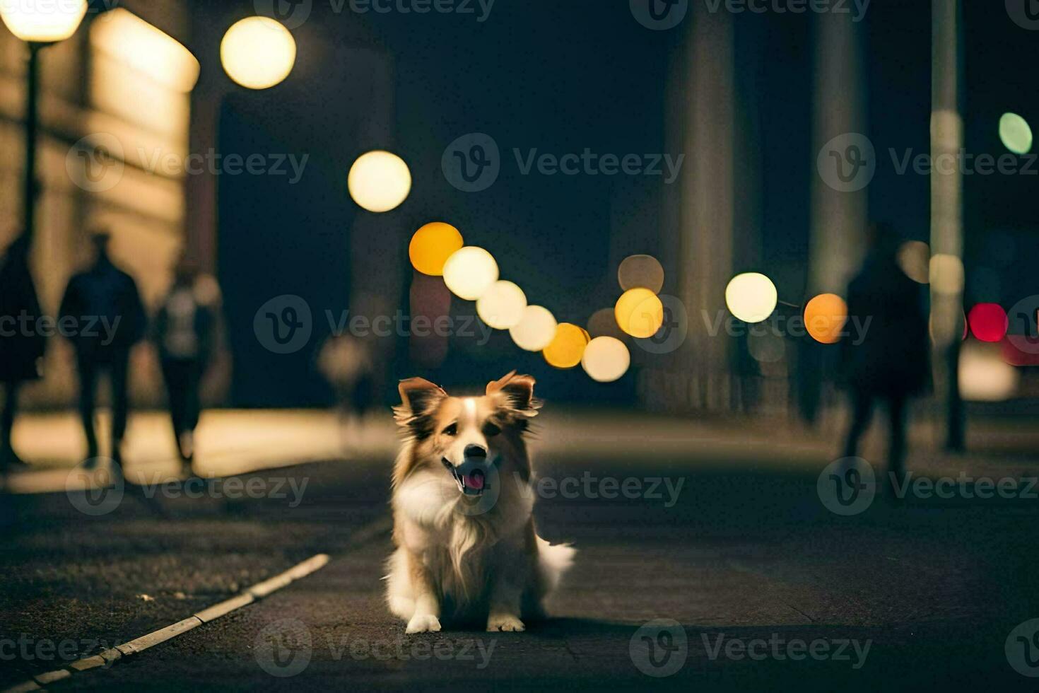 a dog sitting on the street at night. AI-Generated photo