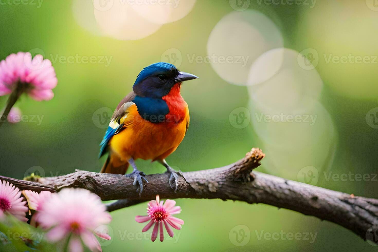 a colorful bird sits on a branch with pink flowers. AI-Generated photo