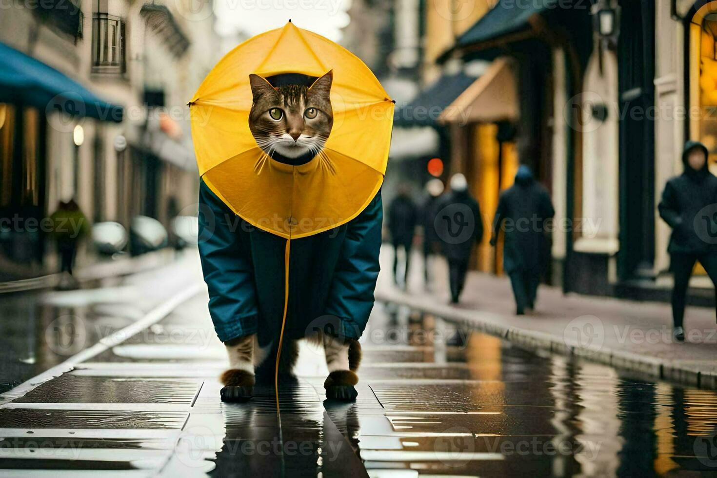 un gato vistiendo un paraguas en un lluvioso día. generado por ai foto