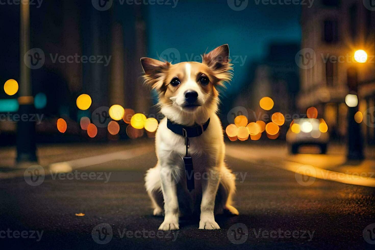 a dog sitting on the street at night. AI-Generated photo