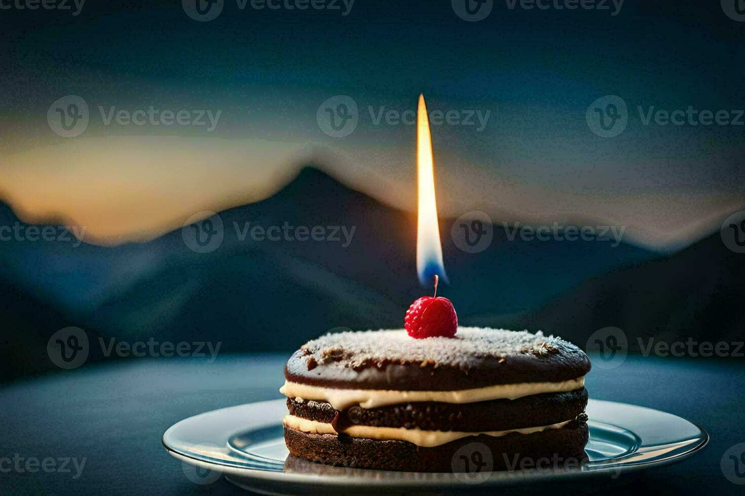 a chocolate cake with a single candle on top. AI-Generated photo