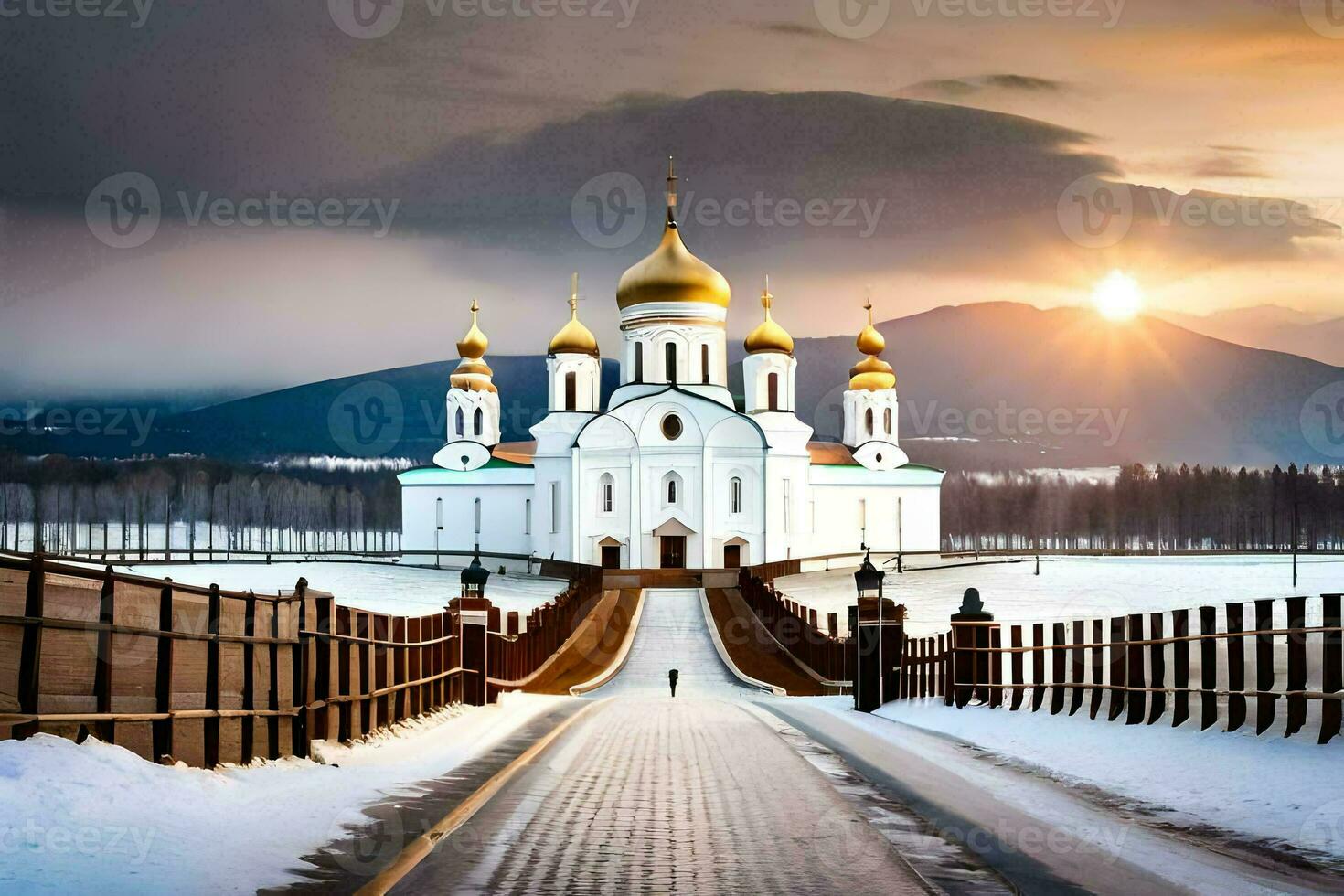 a church in the snow with a bridge in front. AI-Generated photo
