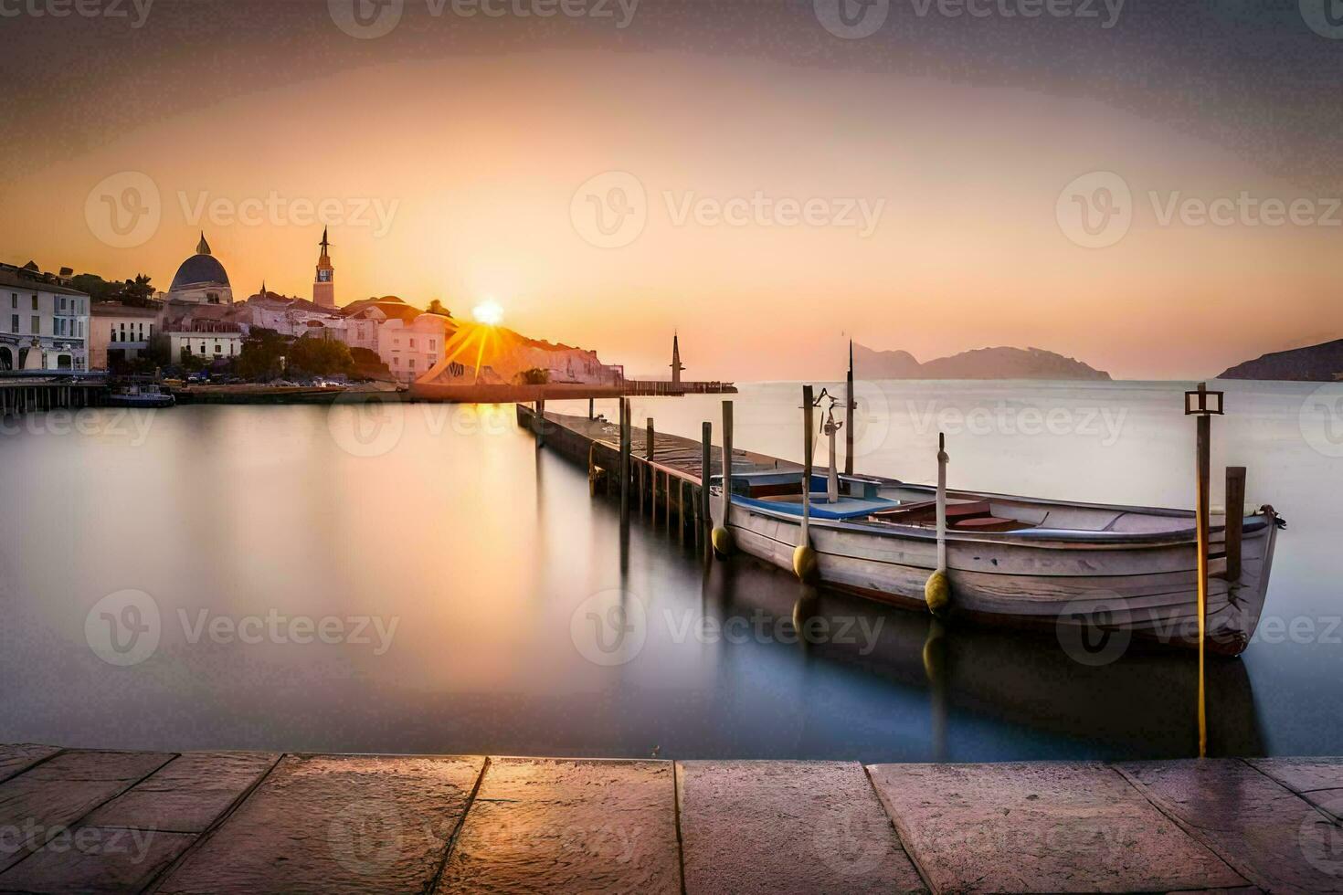 un barco atracado a el muelle a puesta de sol. generado por ai foto