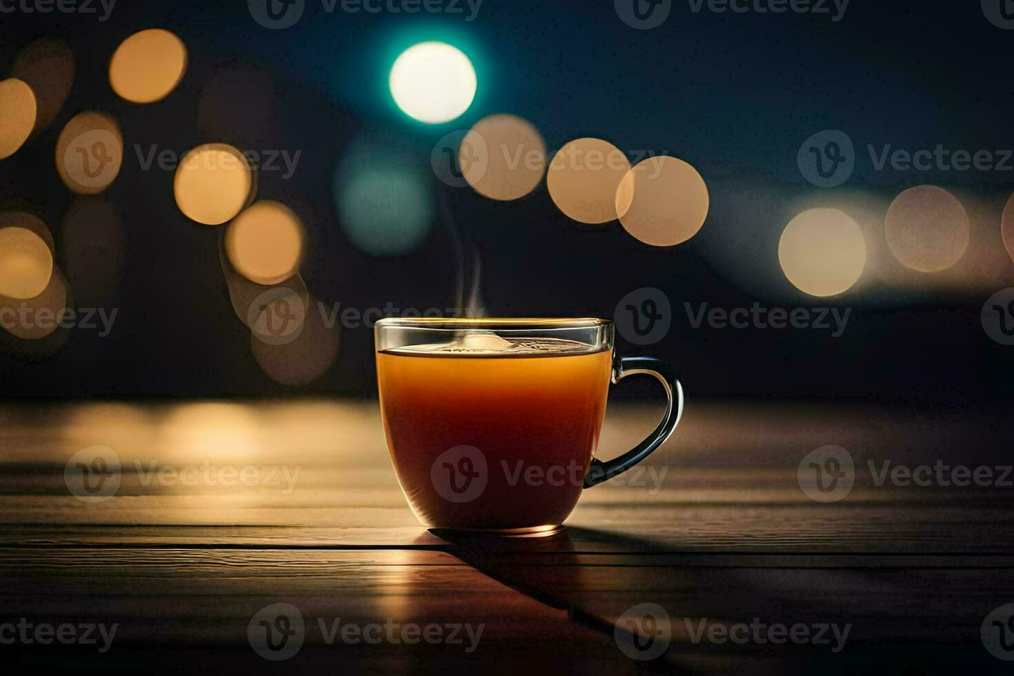 a cup of tea on a wooden table with lights in the background. AI-Generated photo