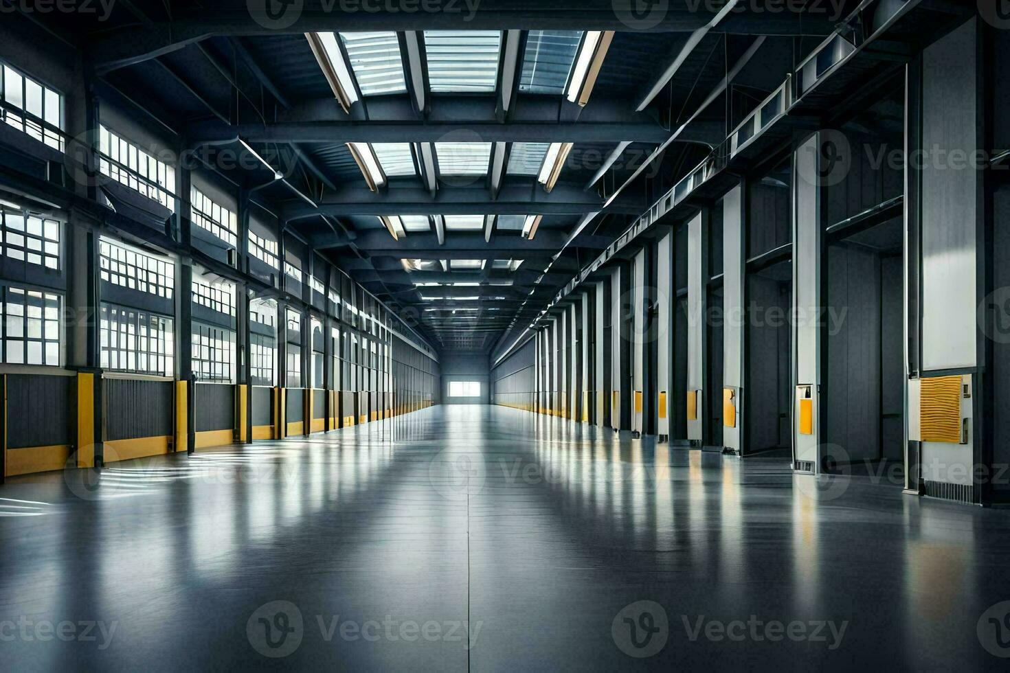 an empty warehouse with yellow doors and windows. AI-Generated photo