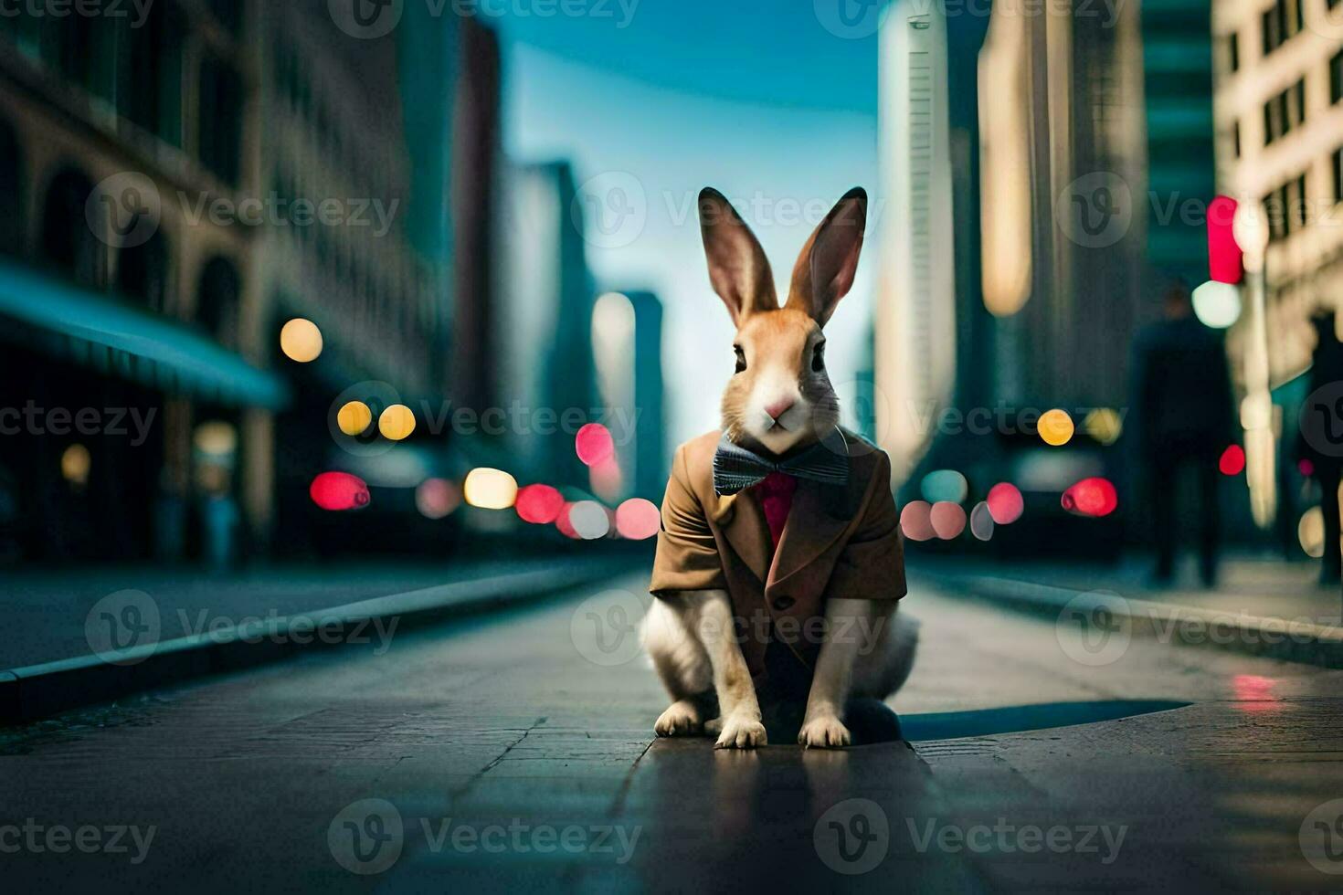 a rabbit wearing a suit and tie sits on the street. AI-Generated photo