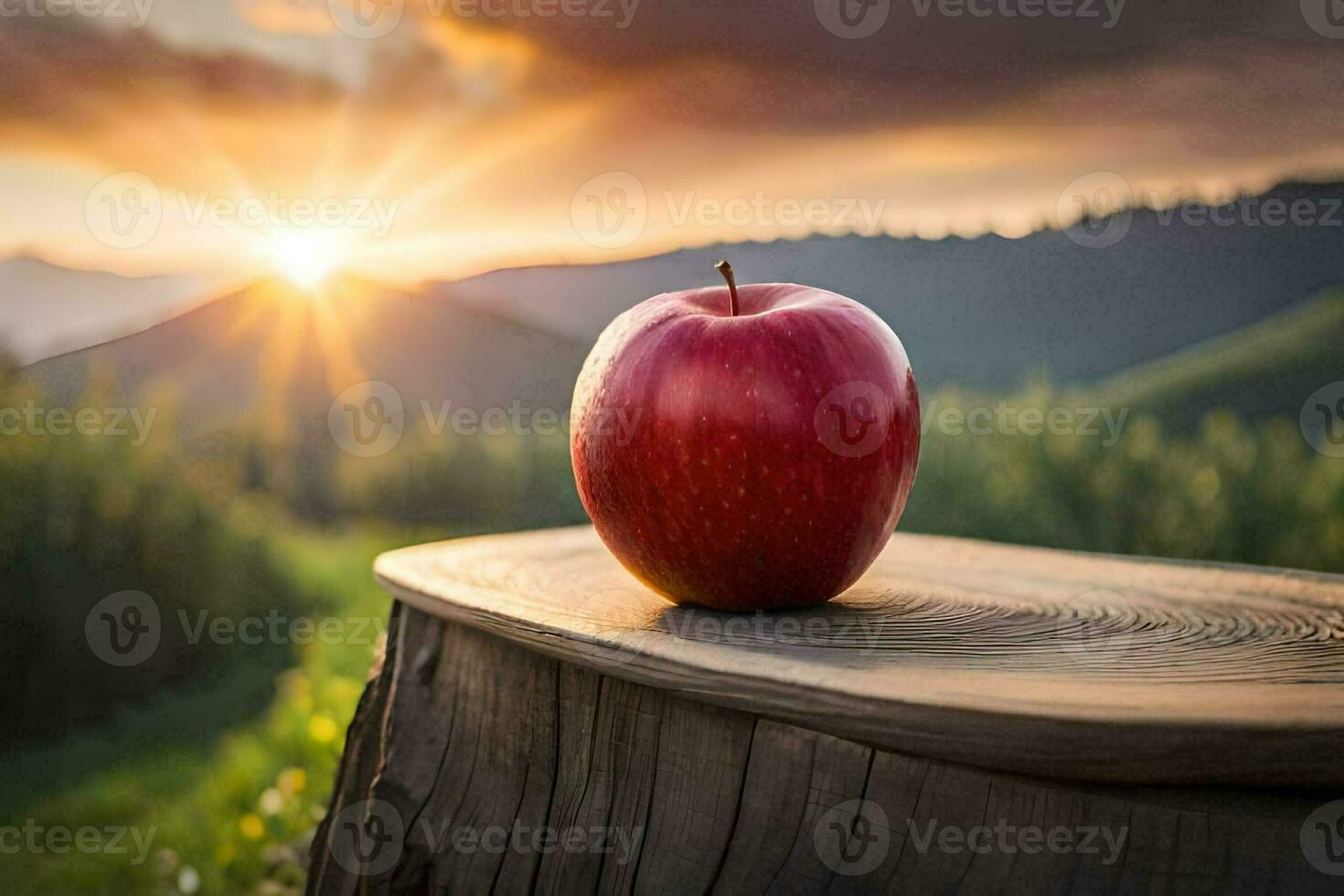 an apple sits on top of a stump in front of a sunset. AI-Generated photo