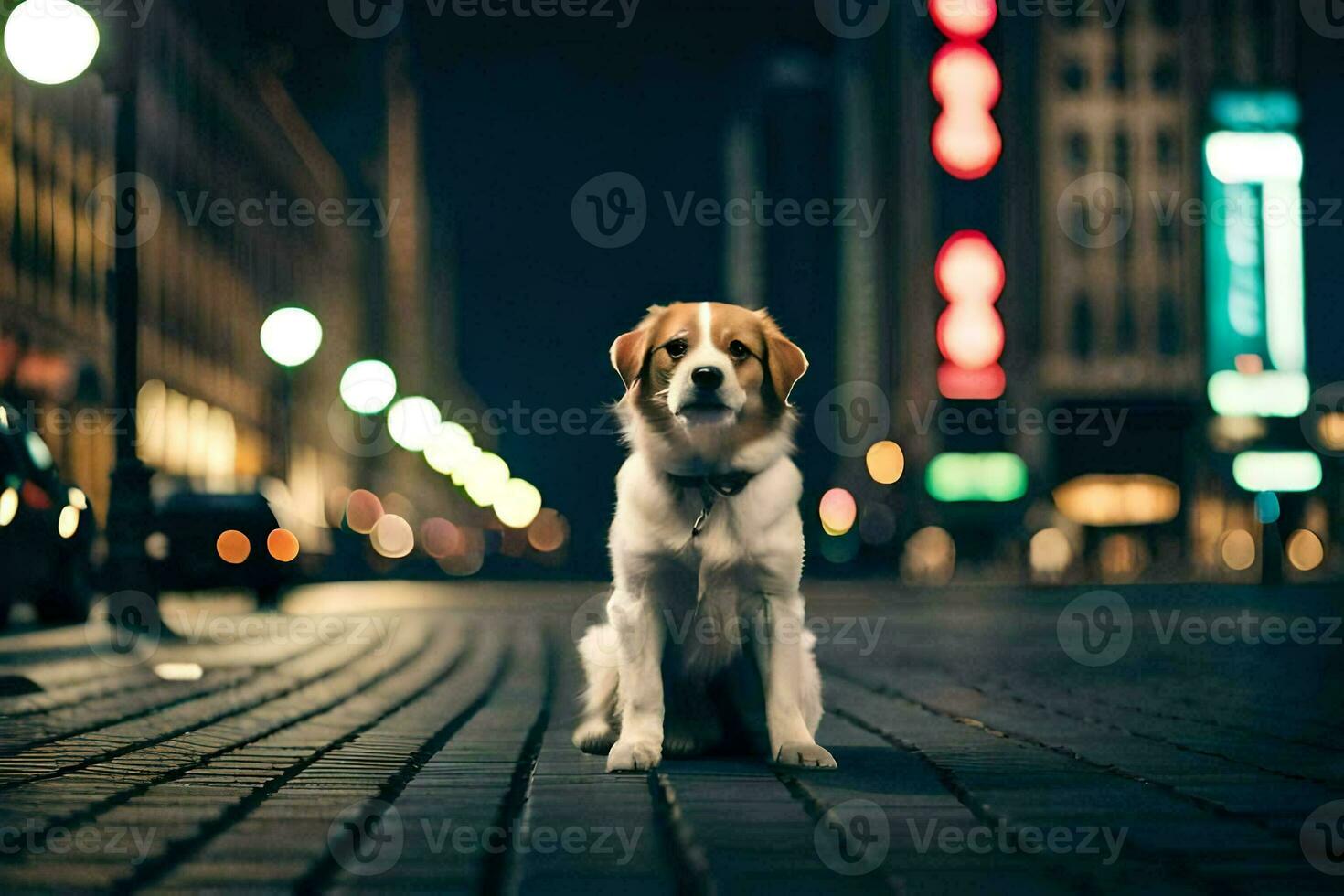 a dog sitting on the street at night. AI-Generated photo