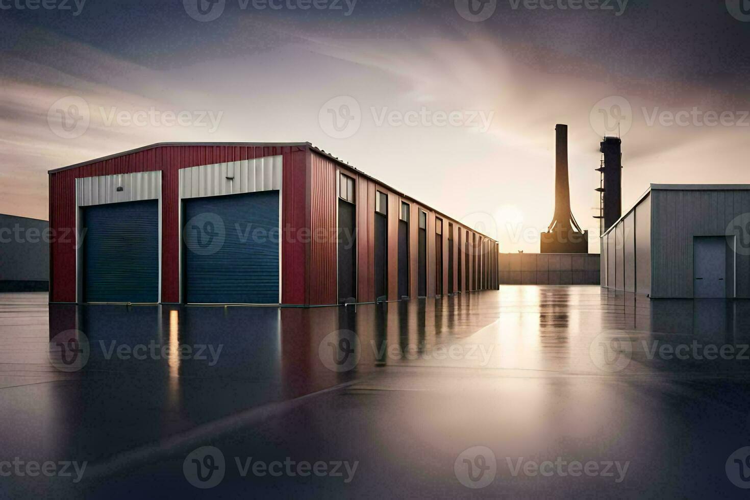 a warehouse with two large doors and a factory building. AI-Generated photo