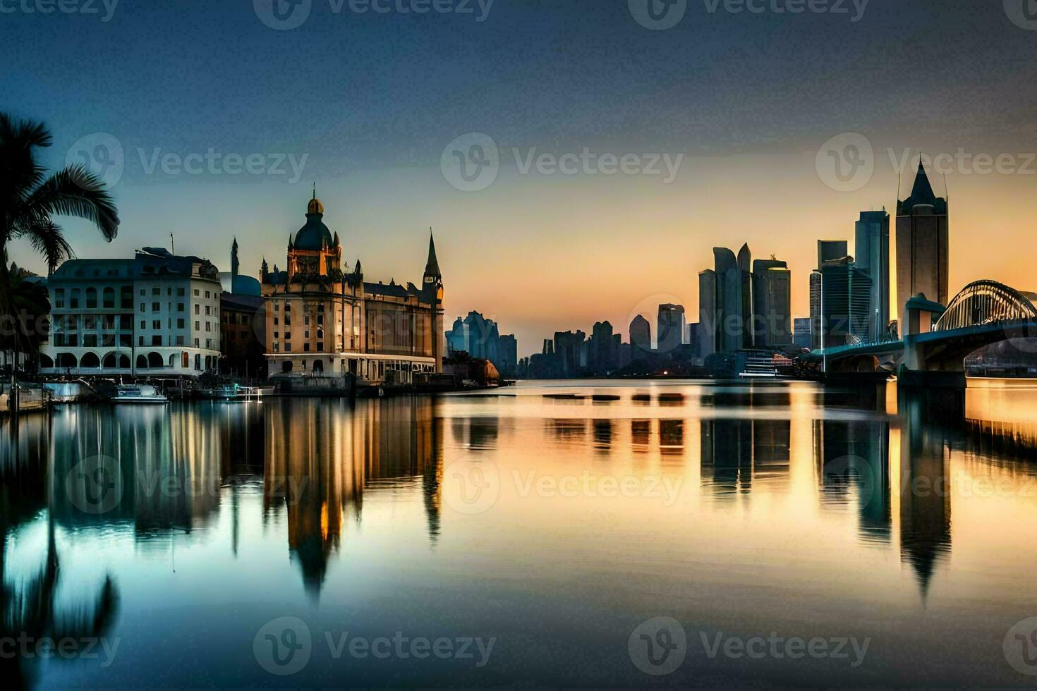 the city skyline is reflected in the water at sunset. AI-Generated photo