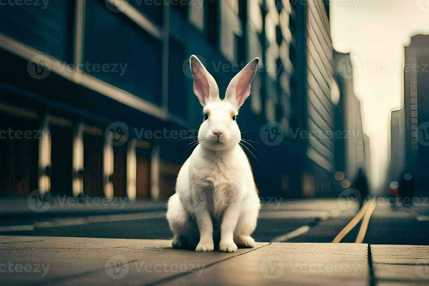 un blanco Conejo sentado en el calle en frente de alto edificios generado por ai foto