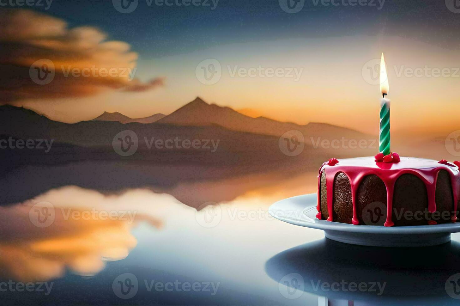a birthday cake with a candle on top of a plate. AI-Generated photo