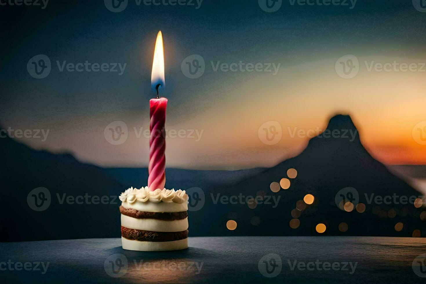 a single candle is lit on a cake with a mountain in the background. AI-Generated photo