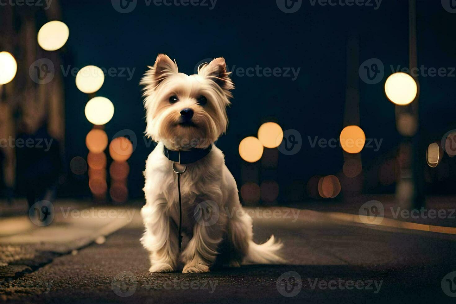 a small white dog sitting on the street at night. AI-Generated photo