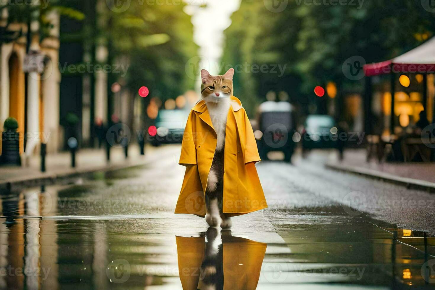 a cat in a yellow coat walking down a street. AI-Generated photo