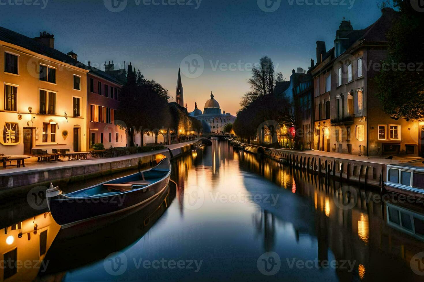 a boat is docked in a canal at dusk. AI-Generated photo