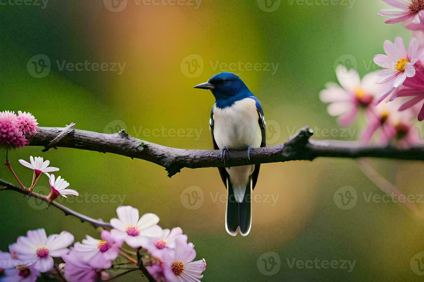 a blue and white bird sits on a branch with pink flowers. AI-Generated photo