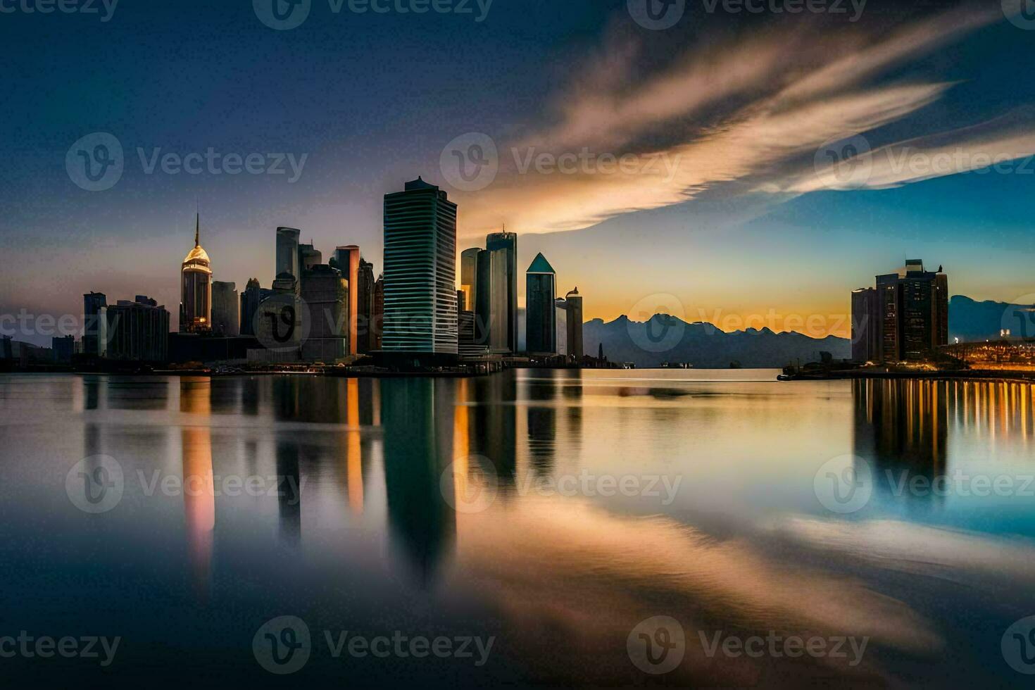 the city skyline at sunset with water and clouds. AI-Generated photo
