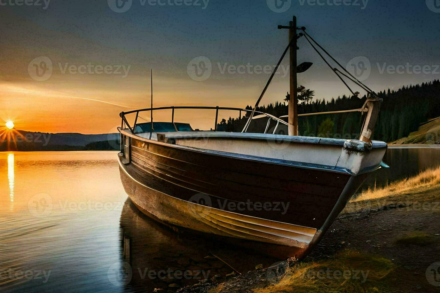 a boat sits on the shore of a lake at sunset. AI-Generated photo