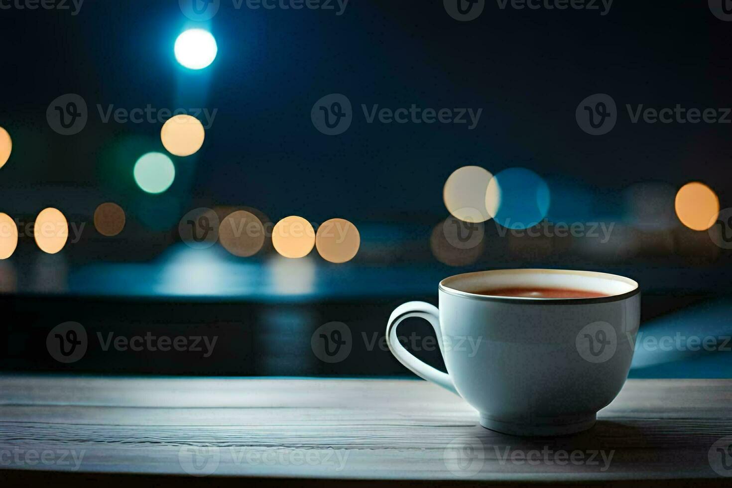 a cup of tea on a wooden table with lights in the background. AI-Generated photo
