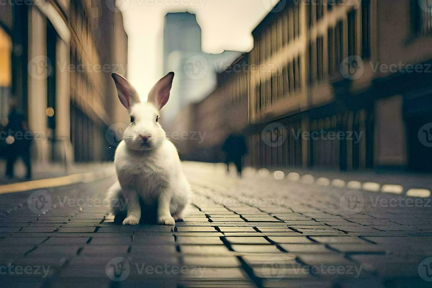 a white rabbit sitting on the street in a city. AI-Generated photo