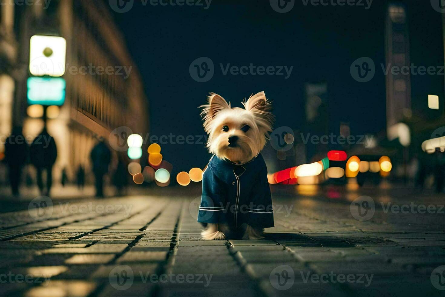 a small dog in a blue jacket standing on a street at night. AI-Generated photo