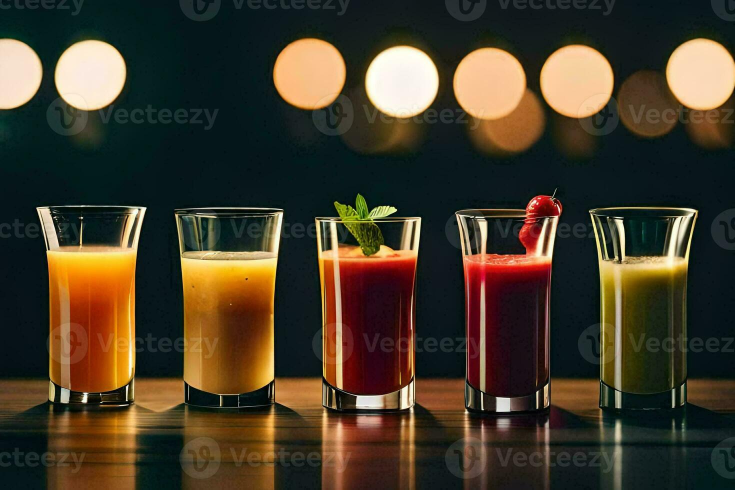 a row of glasses with different drinks. AI-Generated photo