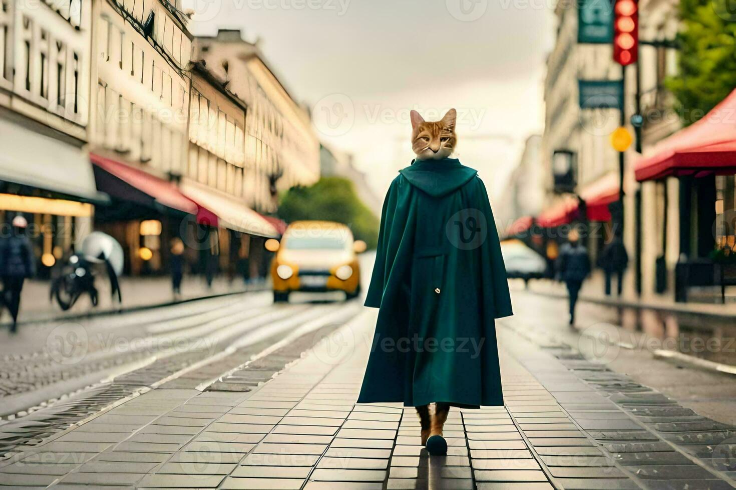 a cat wearing a green coat walking down a street. AI-Generated photo