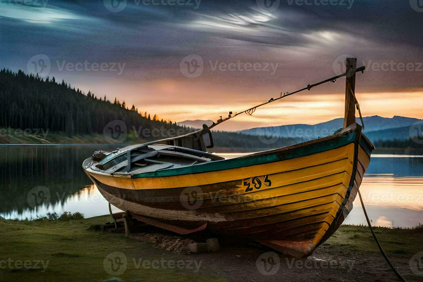 a boat sits on the shore of a lake at sunset. AI-Generated photo