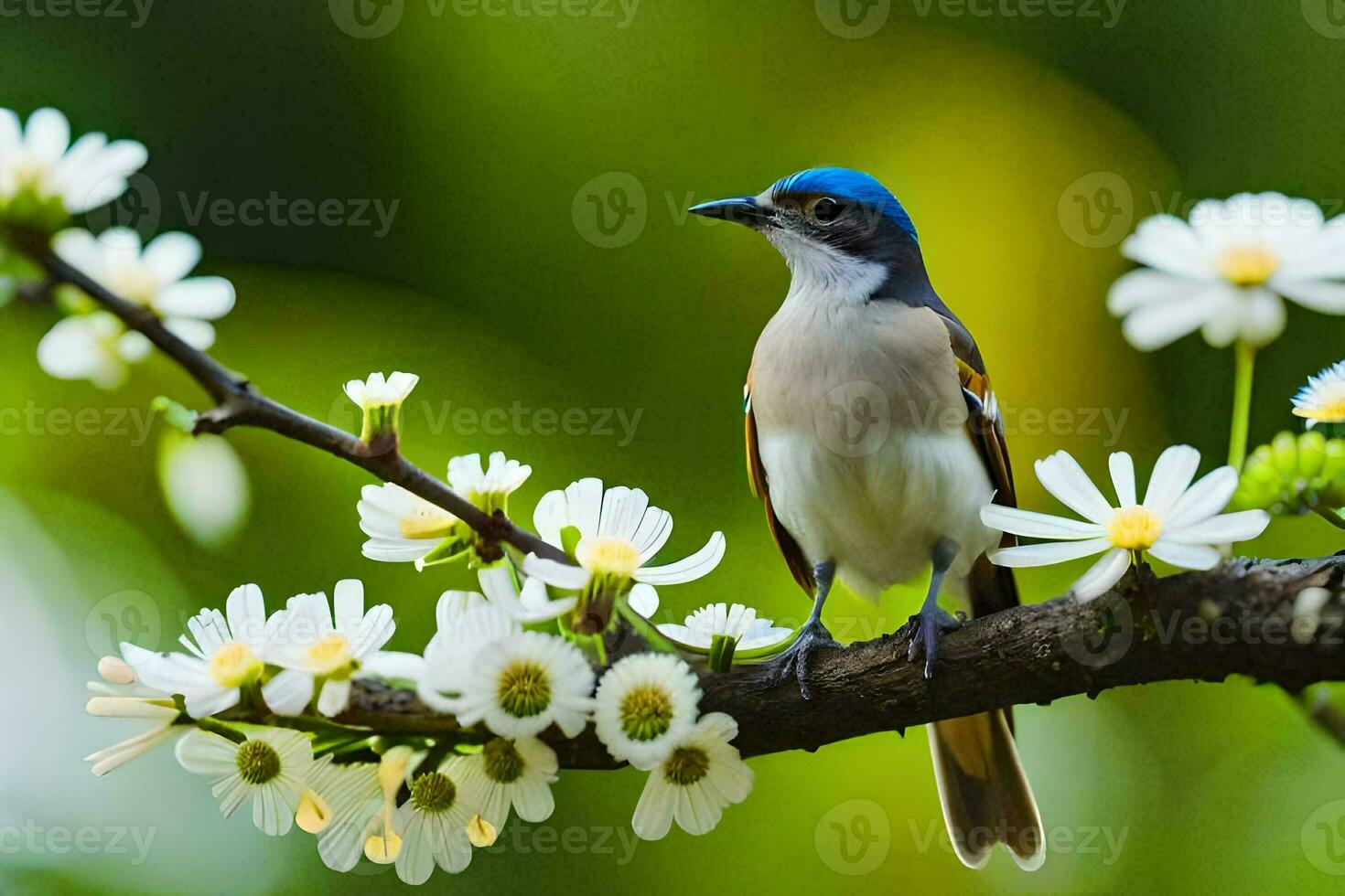 a bird sits on a branch with white flowers. AI-Generated photo