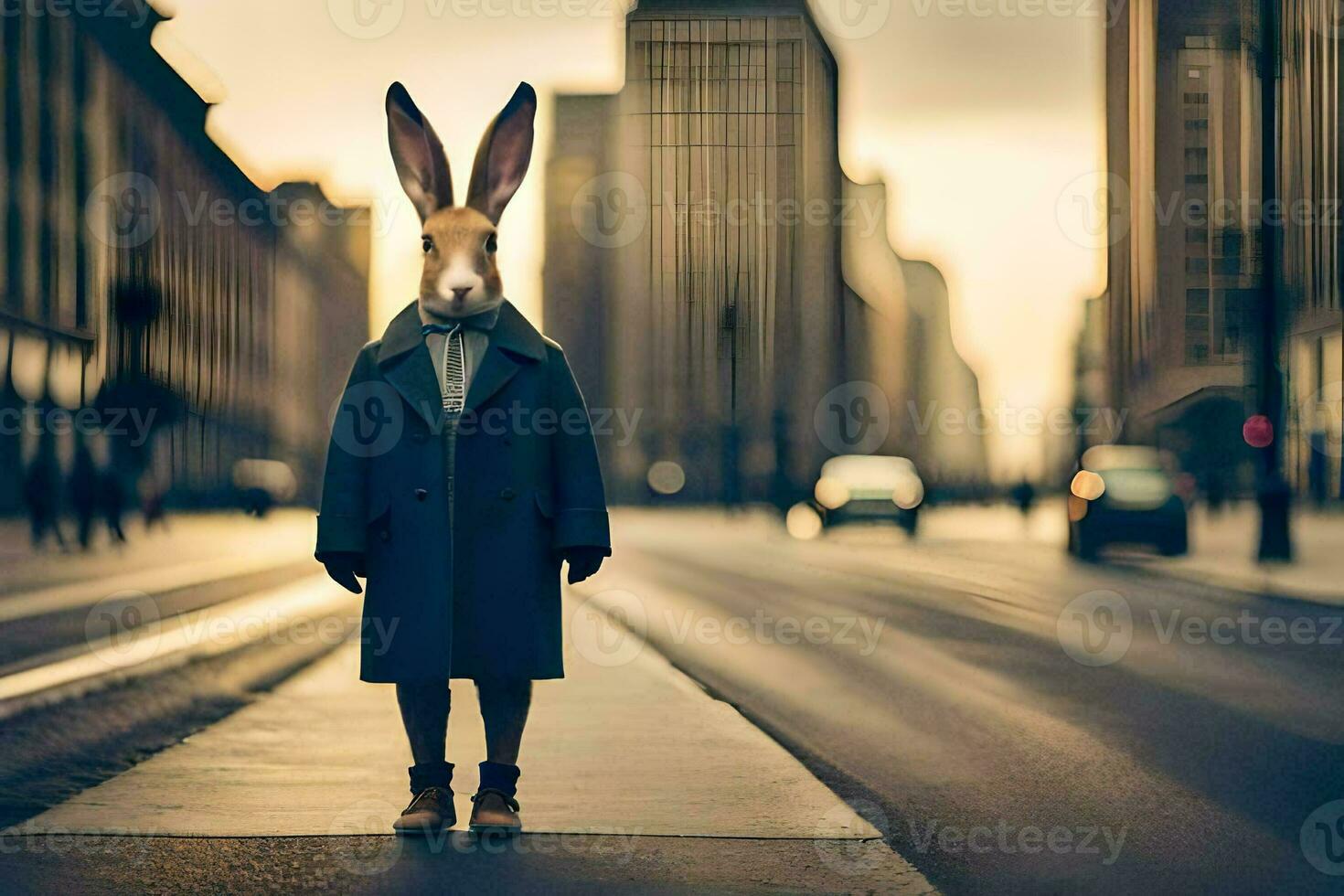 a rabbit wearing a coat and tie standing on a street. AI-Generated photo