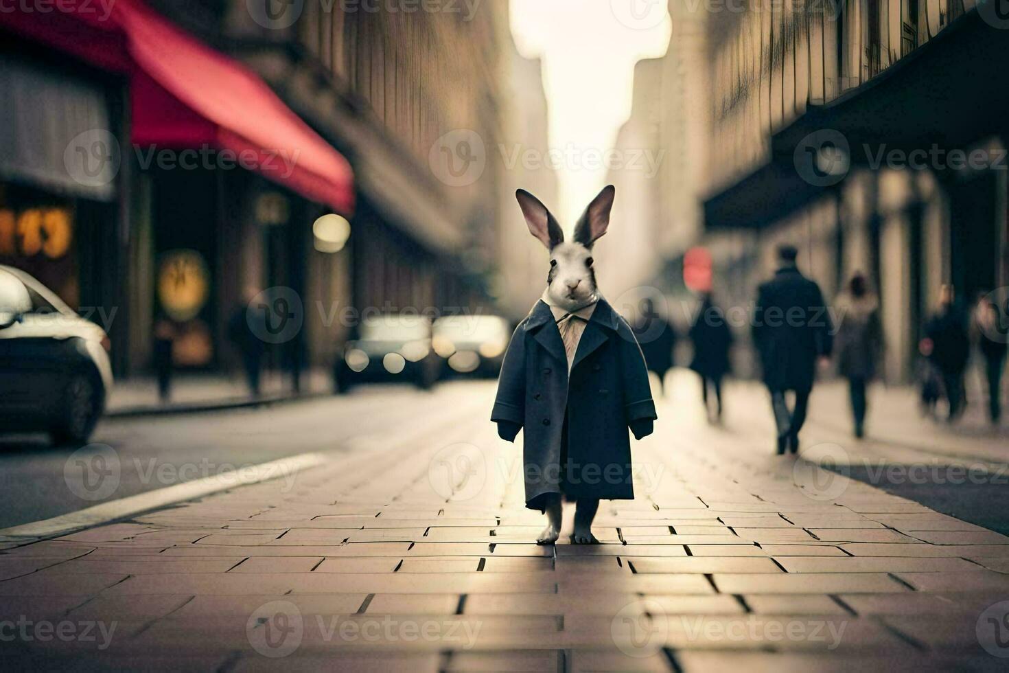 a rabbit wearing a coat and tie walking down a street. AI-Generated photo