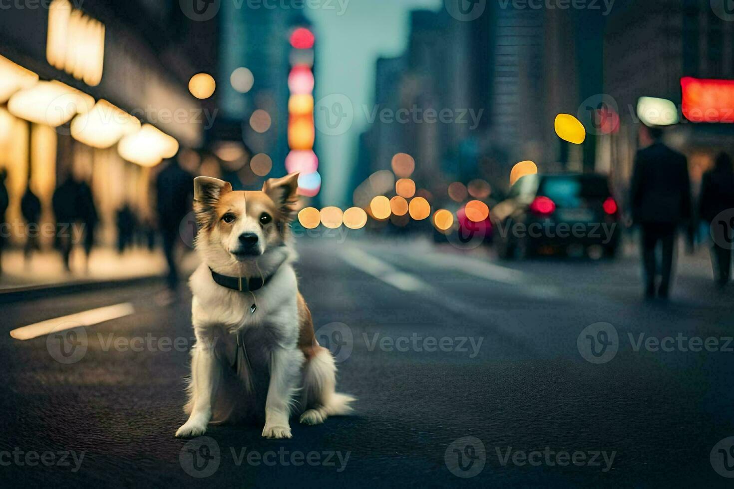 a dog sitting on the street in the middle of a city. AI-Generated photo