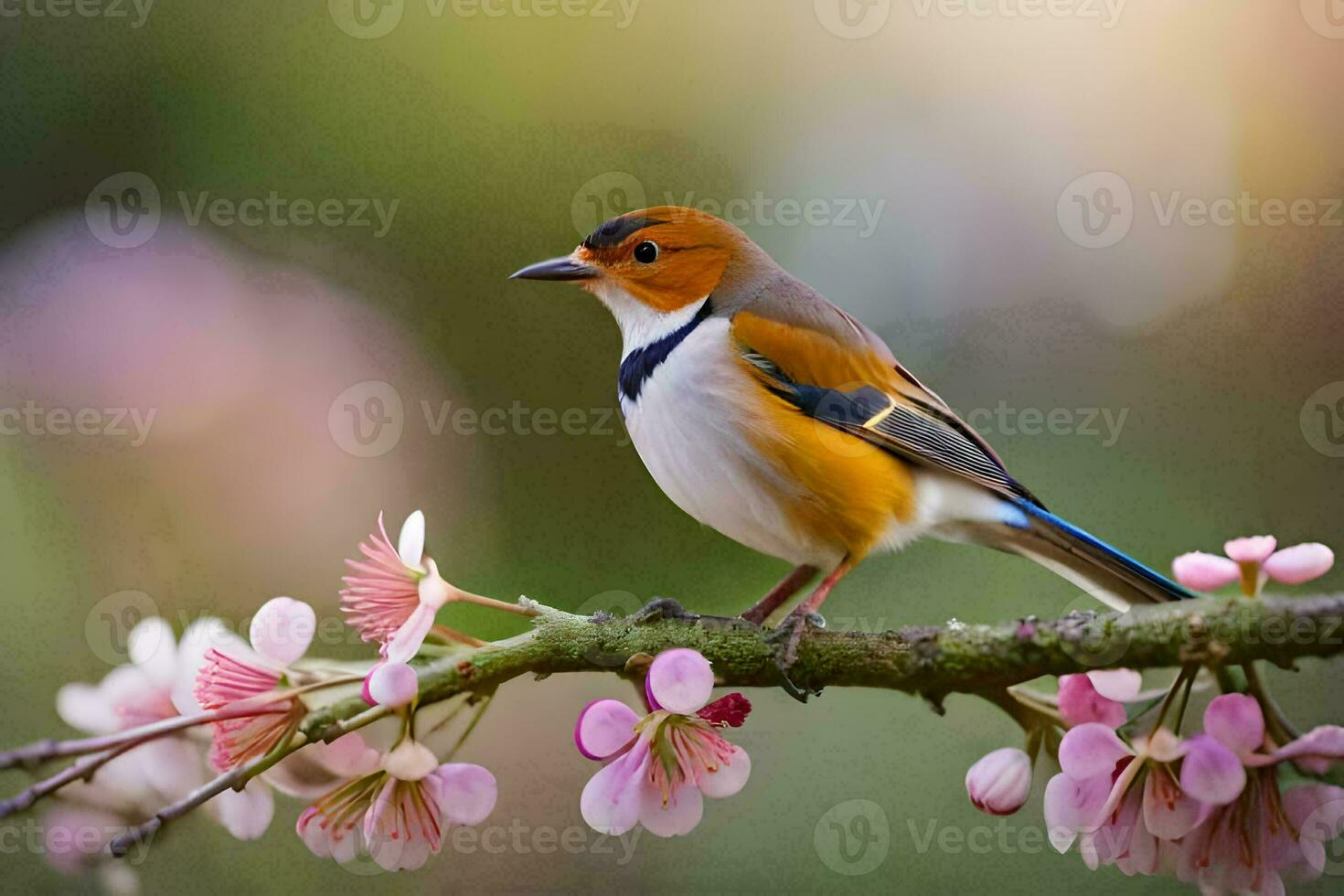 a bird sitting on a branch with pink flowers. AI-Generated photo