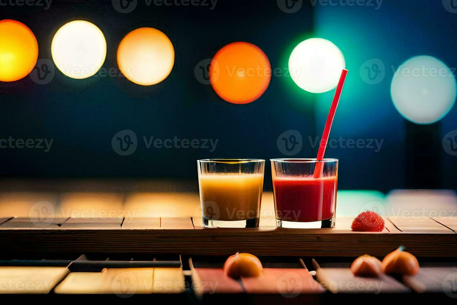 two glasses of juice on a wooden table. AI-Generated photo