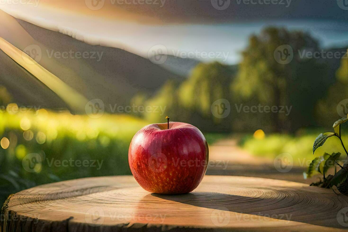 an apple sits on a stump in front of a field. AI-Generated photo