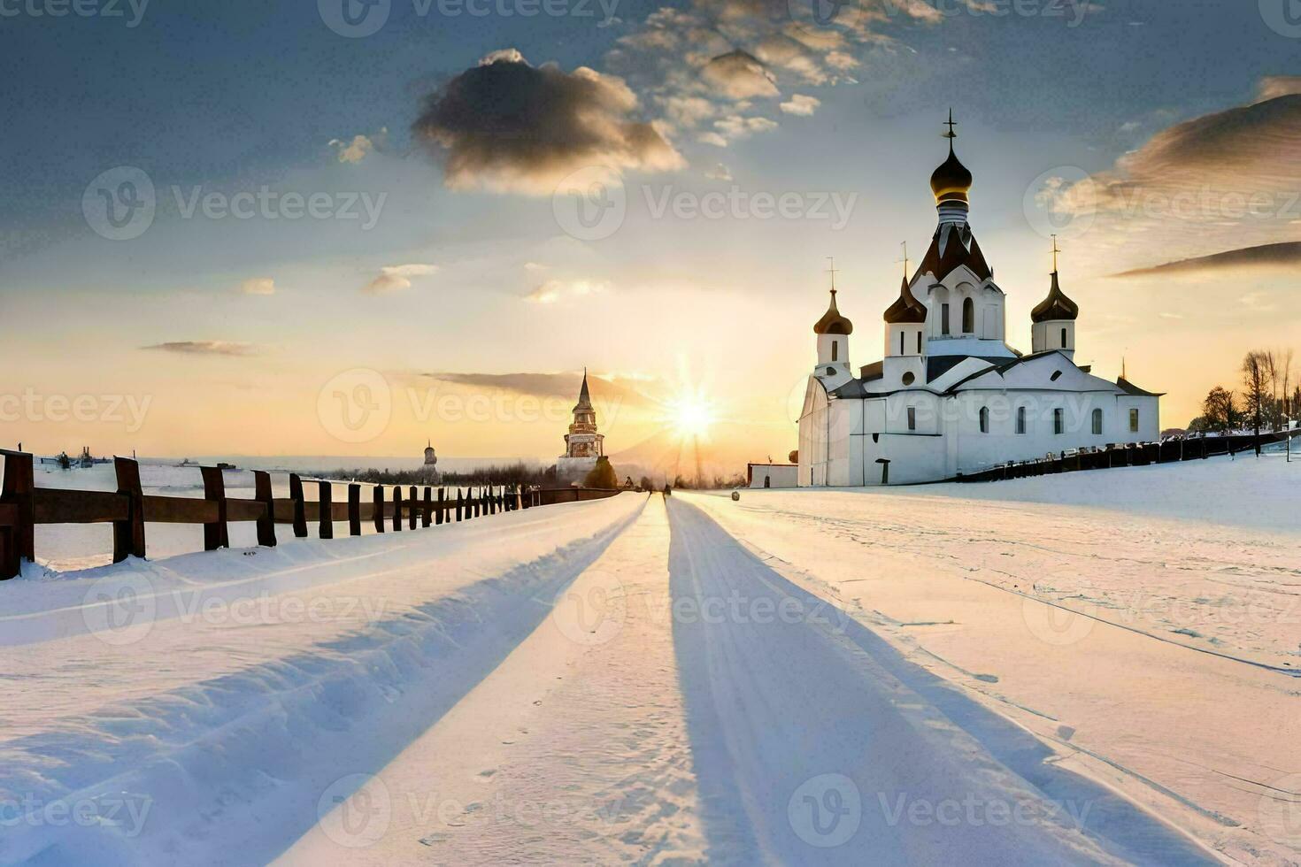 un Iglesia en el nieve con el Dom ajuste detrás él. generado por ai foto