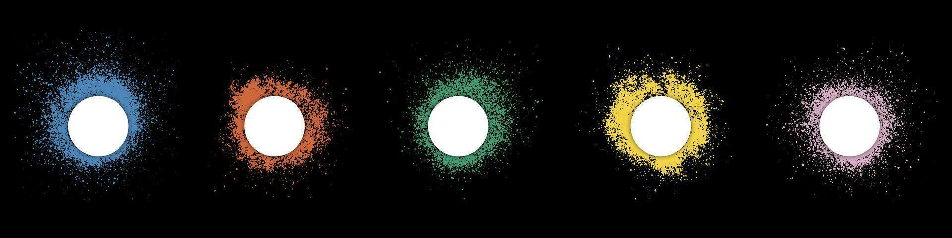 Frame in Circle Shape Set. Color Ink Splatter Collection. Spray Border Stencil. Paint Brush Texture. Blank Round Stain. Abstract Design Element on Black Background. Isolated Vector Illustration.