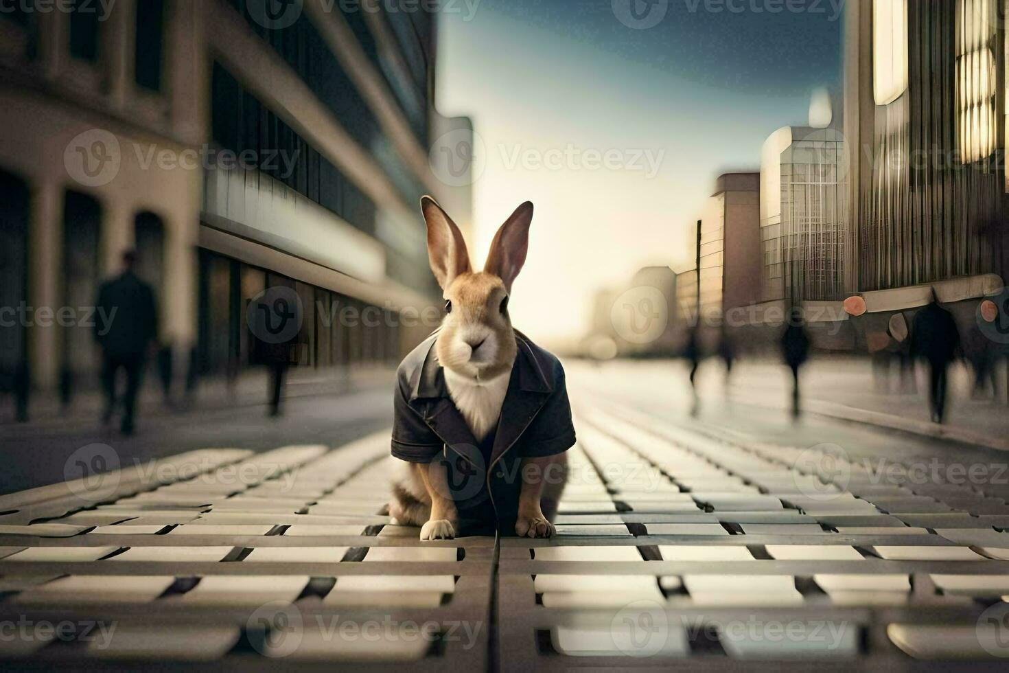 a rabbit in a suit is standing on a street. AI-Generated photo