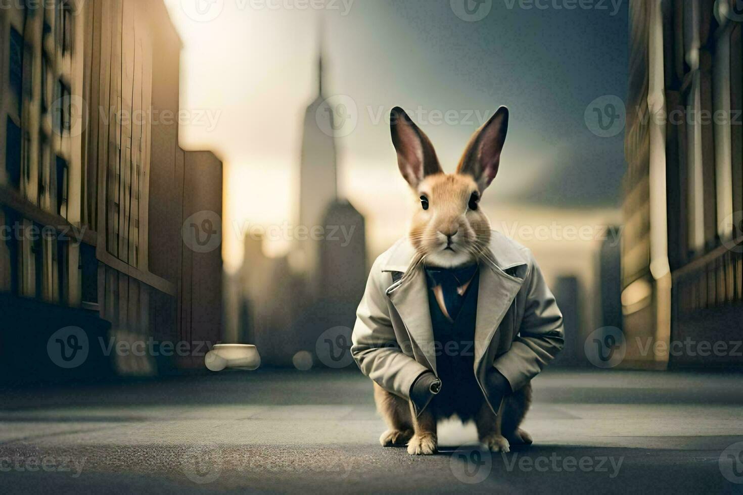 a rabbit wearing a suit and tie in the city. AI-Generated photo