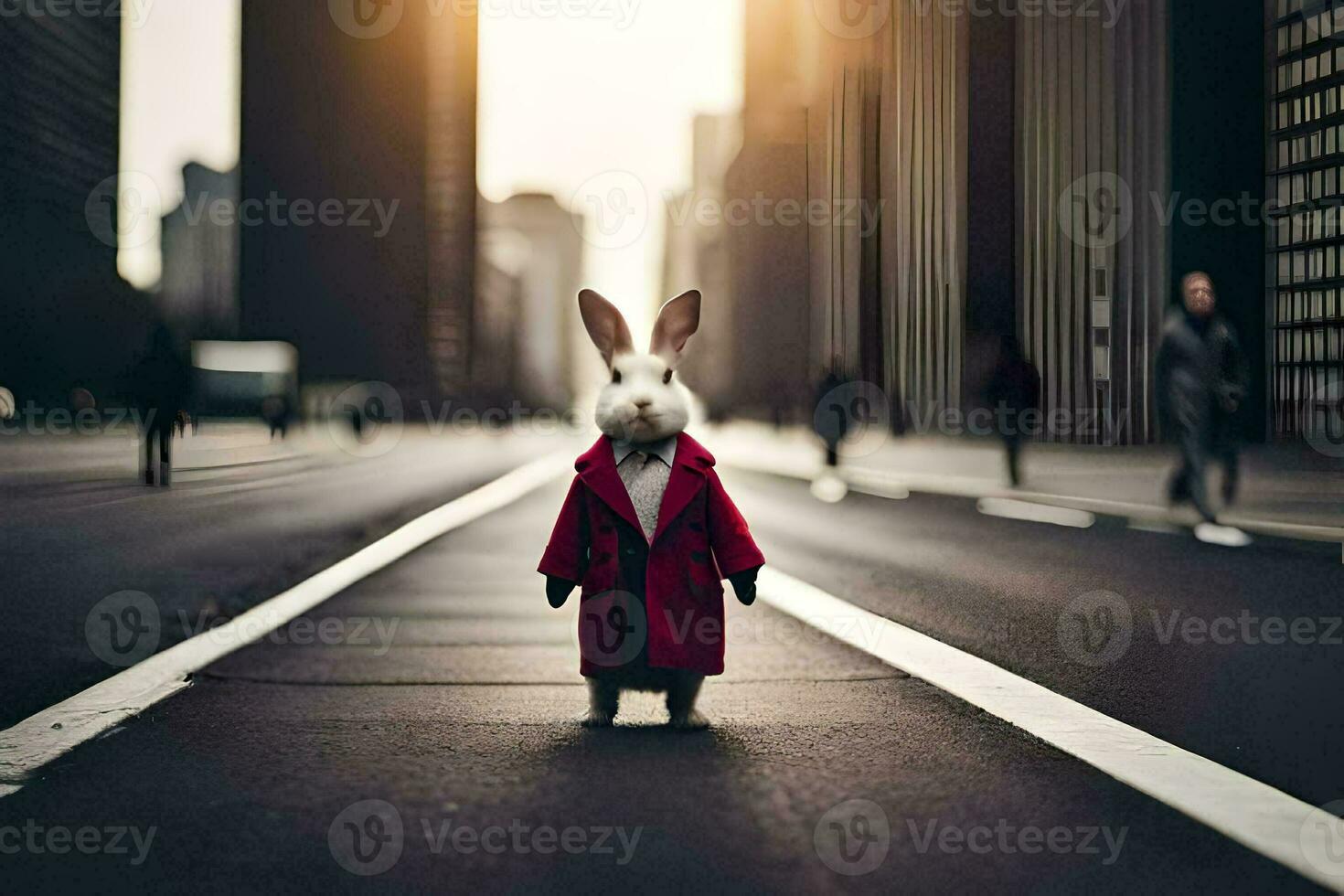 a rabbit wearing a red coat standing in the middle of a city street. AI-Generated photo
