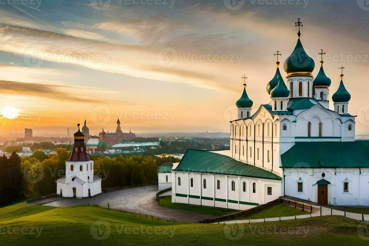 the sun sets over a church in the countryside. AI-Generated photo