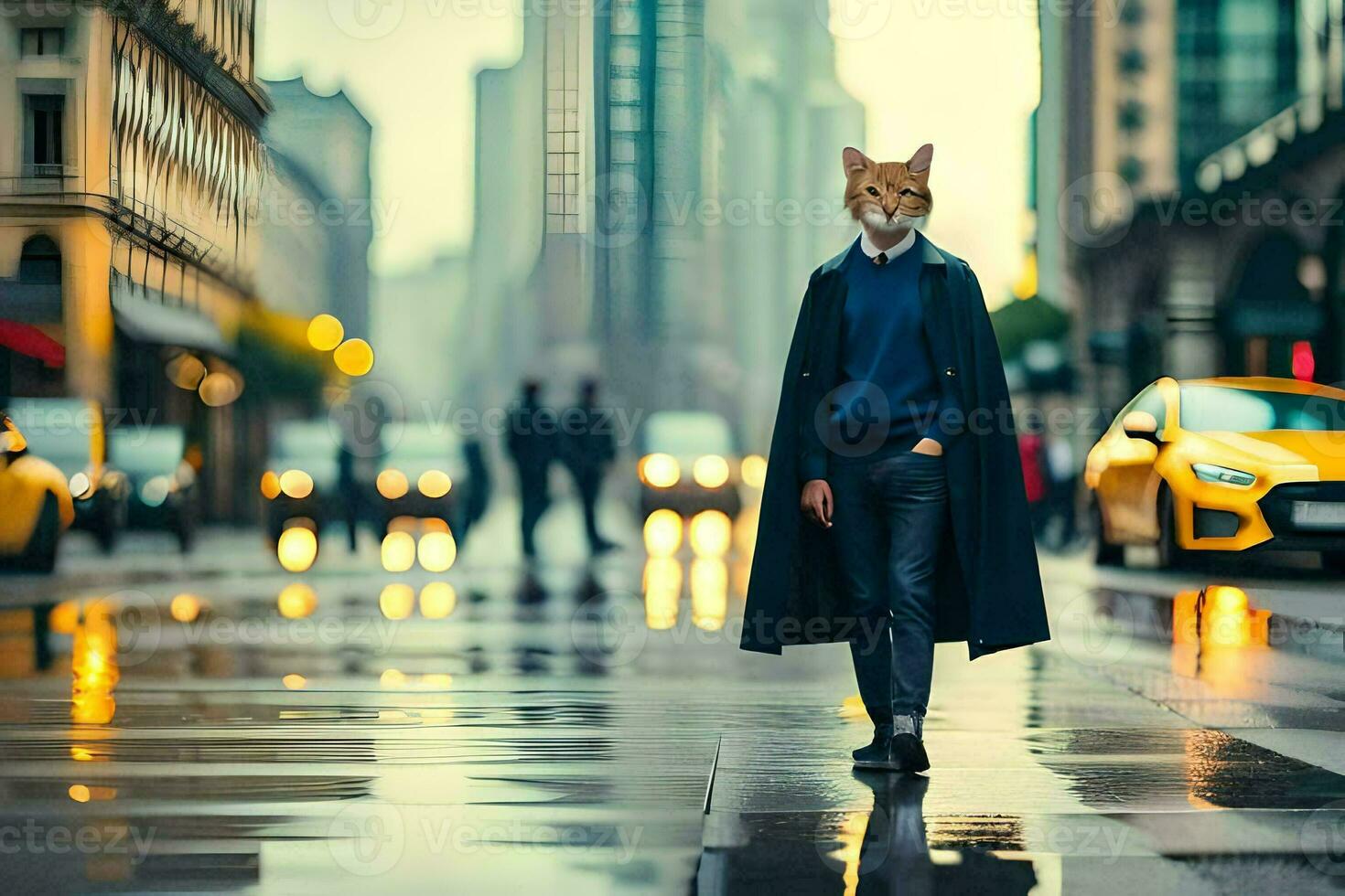 a cat wearing a mask on the street. AI-Generated photo