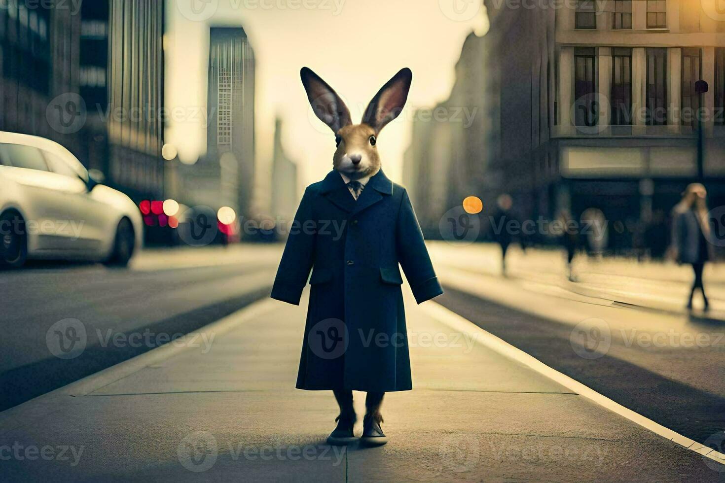 a rabbit wearing a coat and tie standing on a street. AI-Generated photo
