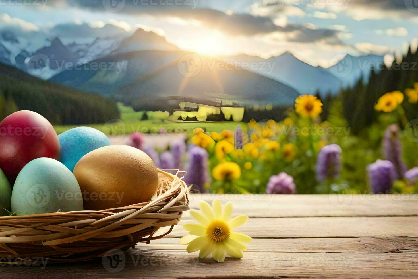 easter eggs in a basket on a table with flowers. AI-Generated photo