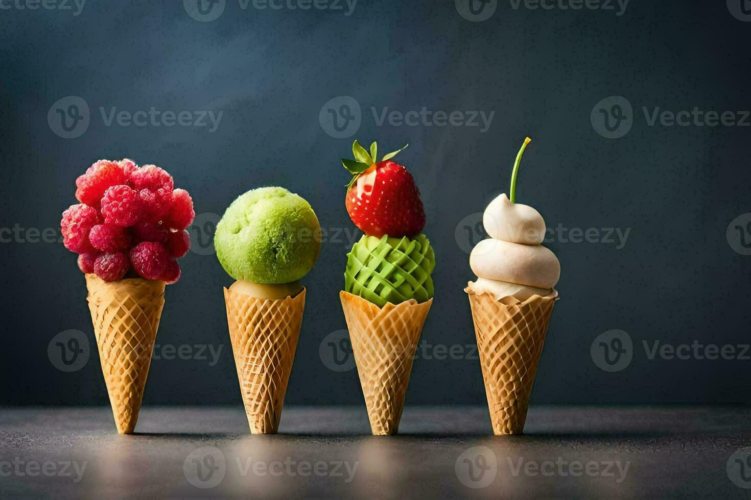 five ice cream cones with different fruits in them. AI-Generated photo